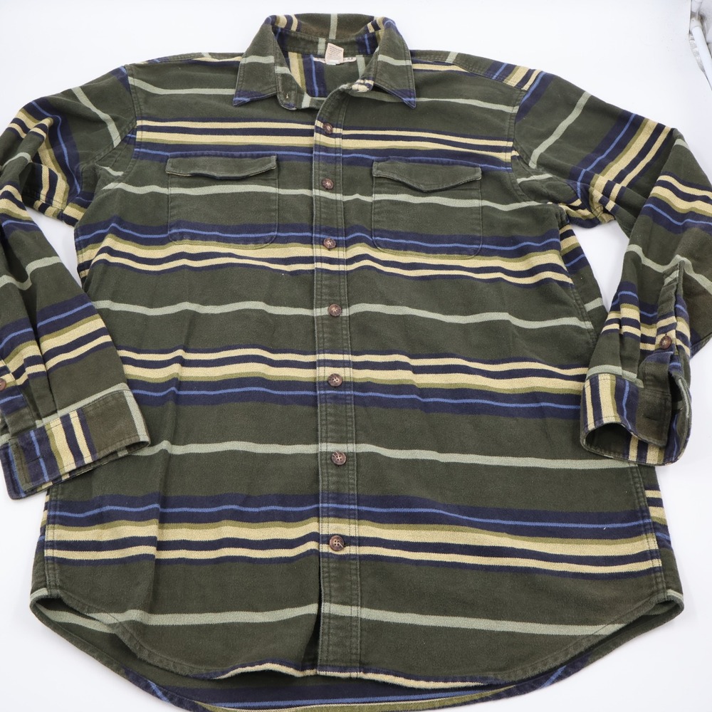 Duluth Trading Co Flannel Shirt Mens L Tall Green Striped Cotton Button Up